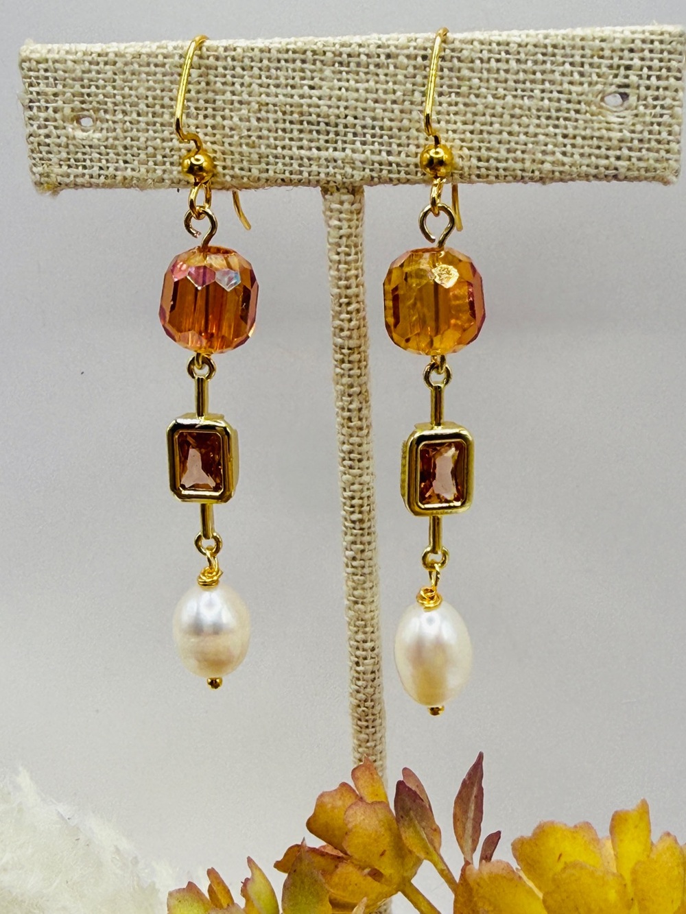 Vintage Style Amber crystal and Baroque Pearl Drop Earrings, Warm Autumn Aesthet